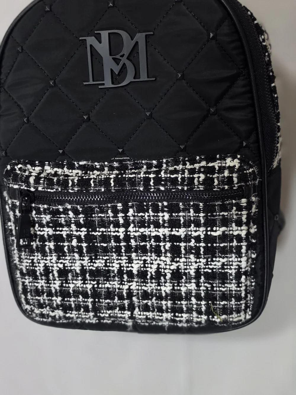 Badgley Mischka Black Quilted Backpack with Black-and-White Tweed Pocket